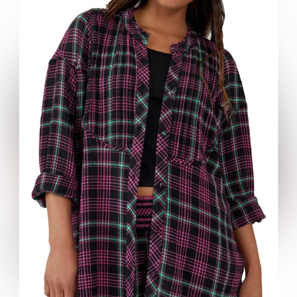 NWT Free People l Long Sleeve Button Down Plaid About You Sleep Shirt -XS